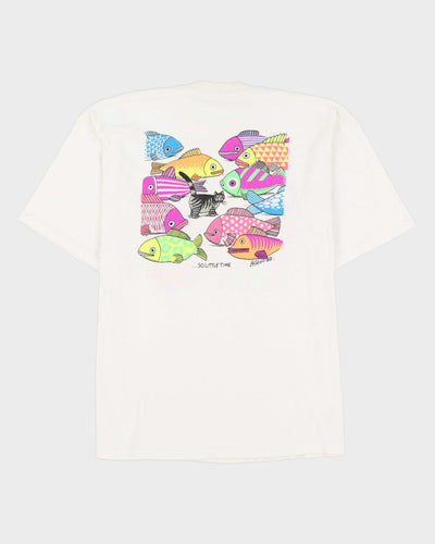 Vintage 90s So Many Fish Crazy Shirt Graphic White Single Stitch T-Shirt - XL