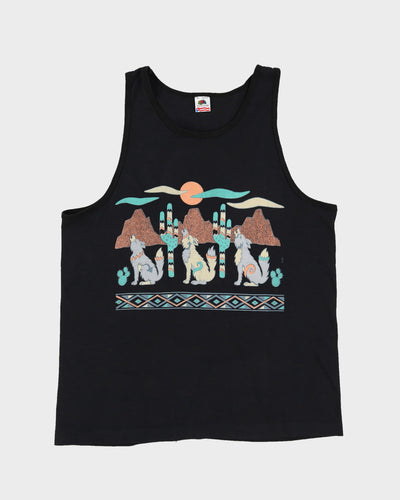 Vintage 80s Dogs Howling Western Graphic Black Vest - XL