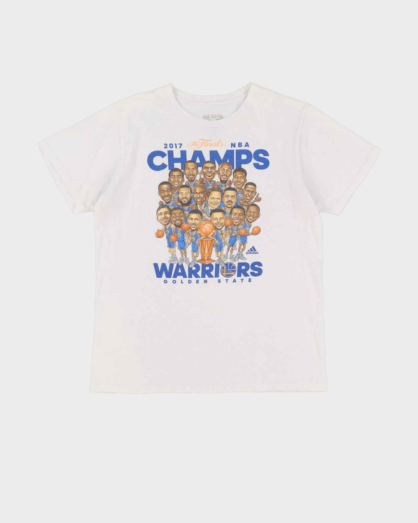 2017 Golden State Warriors Caricature NBA Finals Champions Adidas White Graphic T-Shirt - M