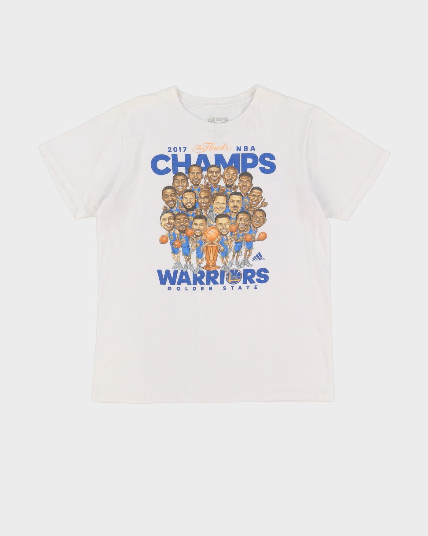2017 Golden State Warriors Caricature NBA Finals Champions Adidas White Graphic T-Shirt - M