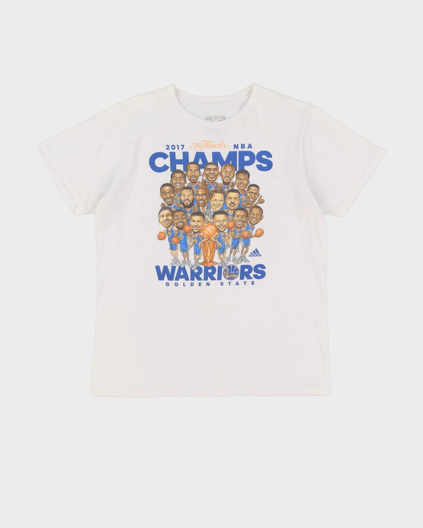 2017 Golden State Warriors Caricature NBA Finals Champions Adidas White Graphic T-Shirt - M