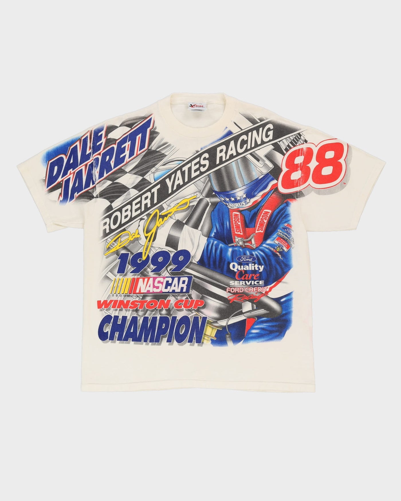 Vintage 1999 Dale Jarrett NASCAR Chase Authentics All Over Print White Single Stitch T-Shirt - XL