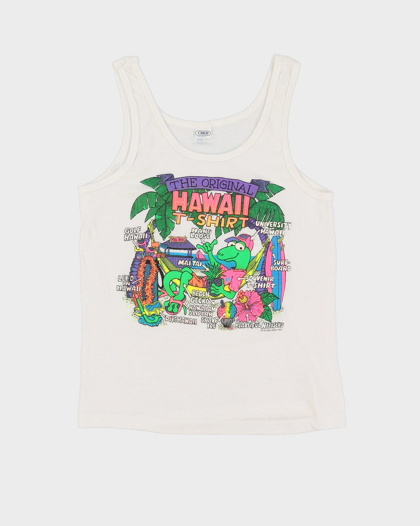 80s Island Print Tees Hawaii Vibrant Colour Single Stitch White Vest - XS