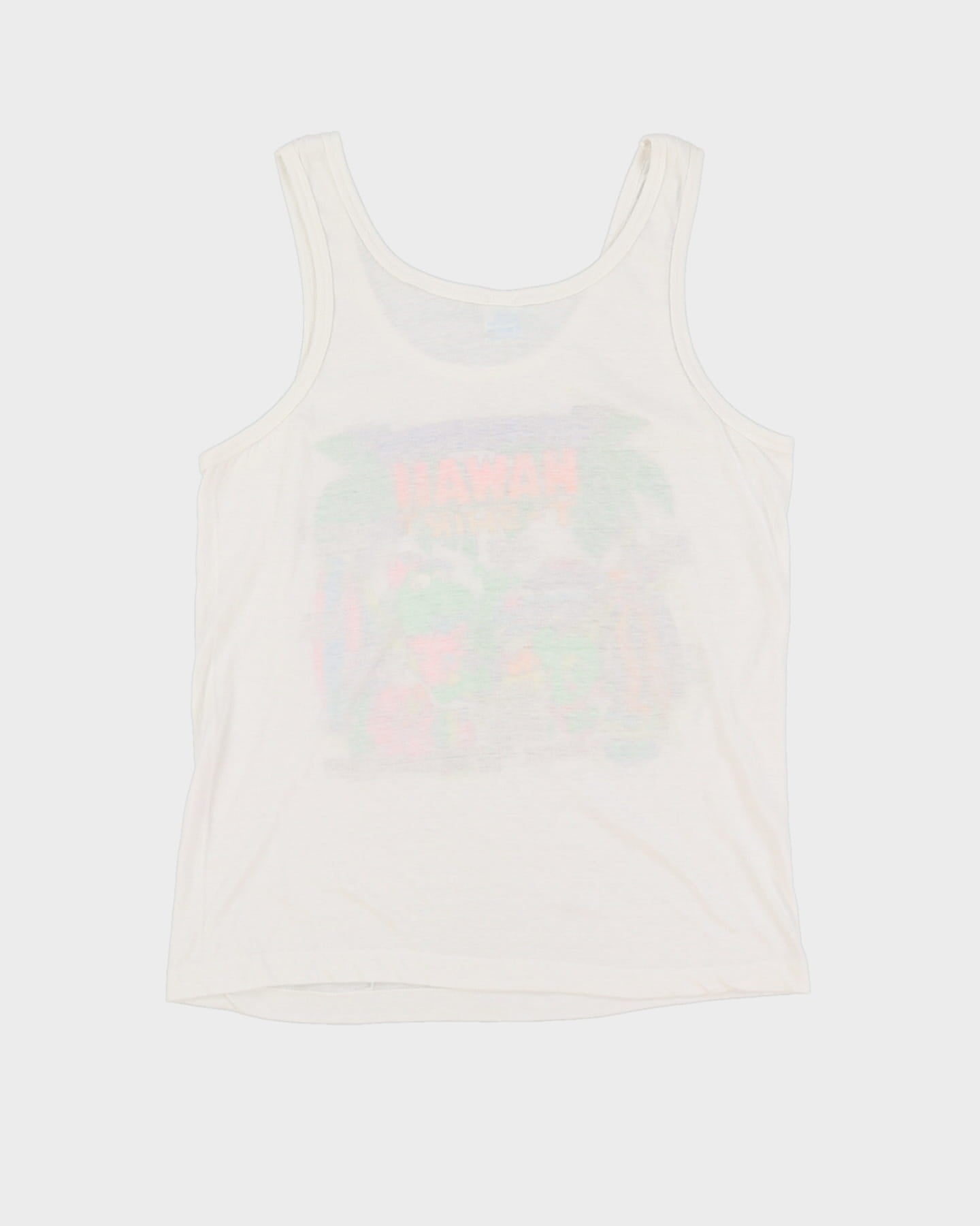 80s Island Print Tees Hawaii Vibrant Colour Single Stitch White Vest - XS
