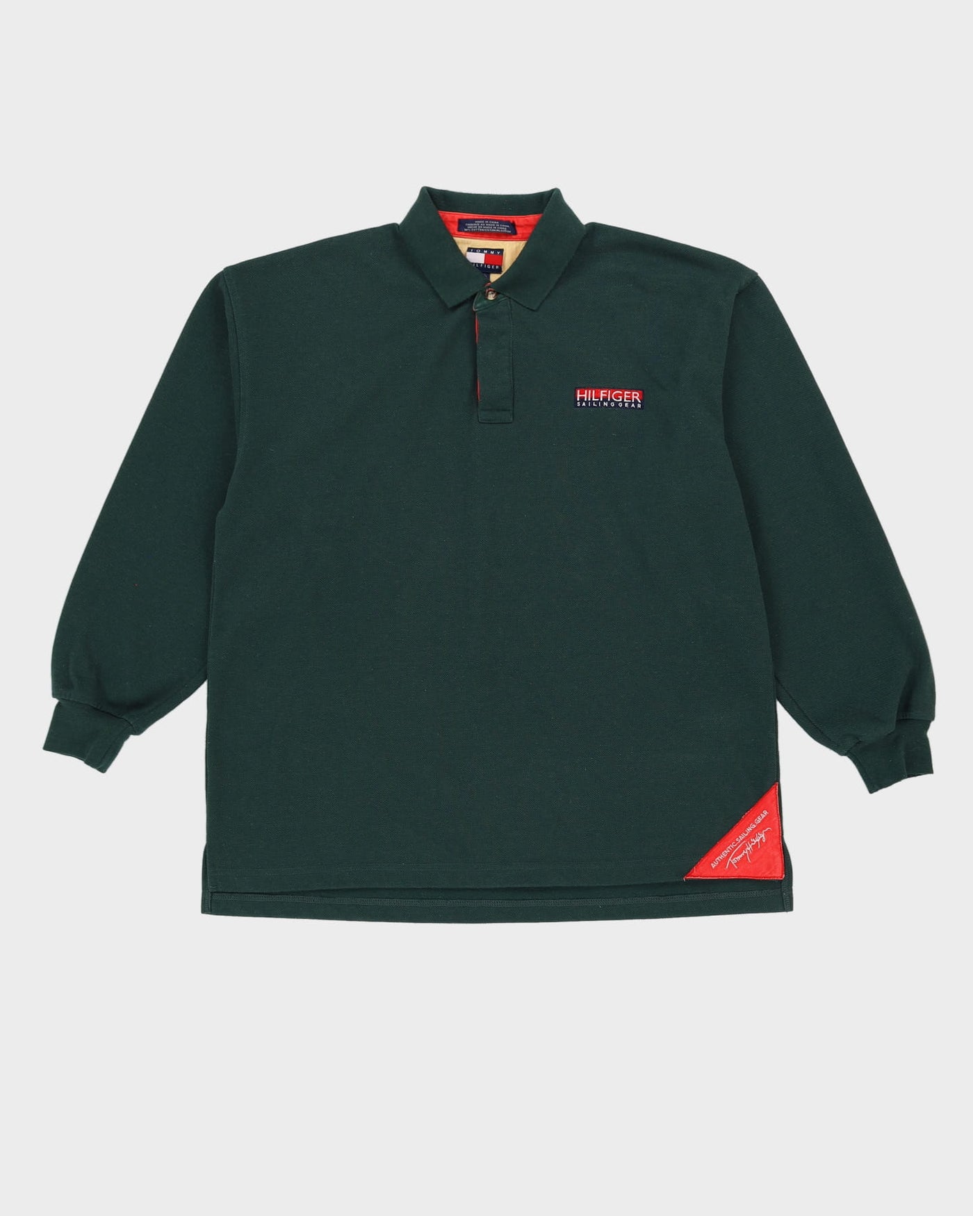 Vintage 90s Tommy Hilfiger Green Long Sleeve Polo Shirt - L
