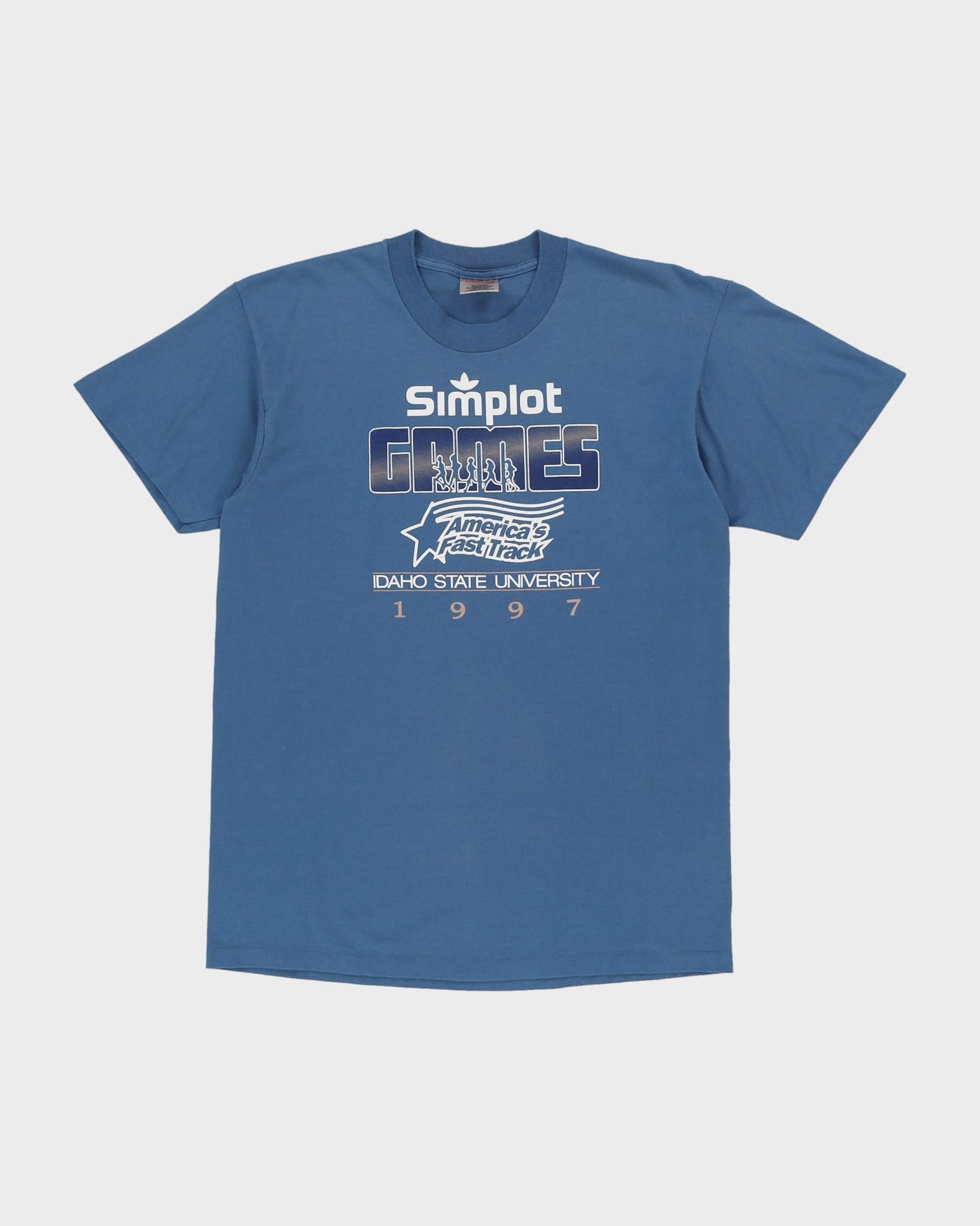 Vintage 1997 Idaho State Simplot Games Graphic Print Blue Single Stitch T-Shirt - M / L