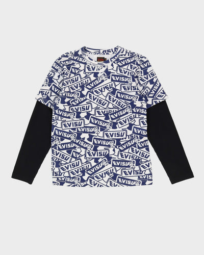 00s Y2K Evisu Blue All Over Print Long Sleeve T-Shirt - M
