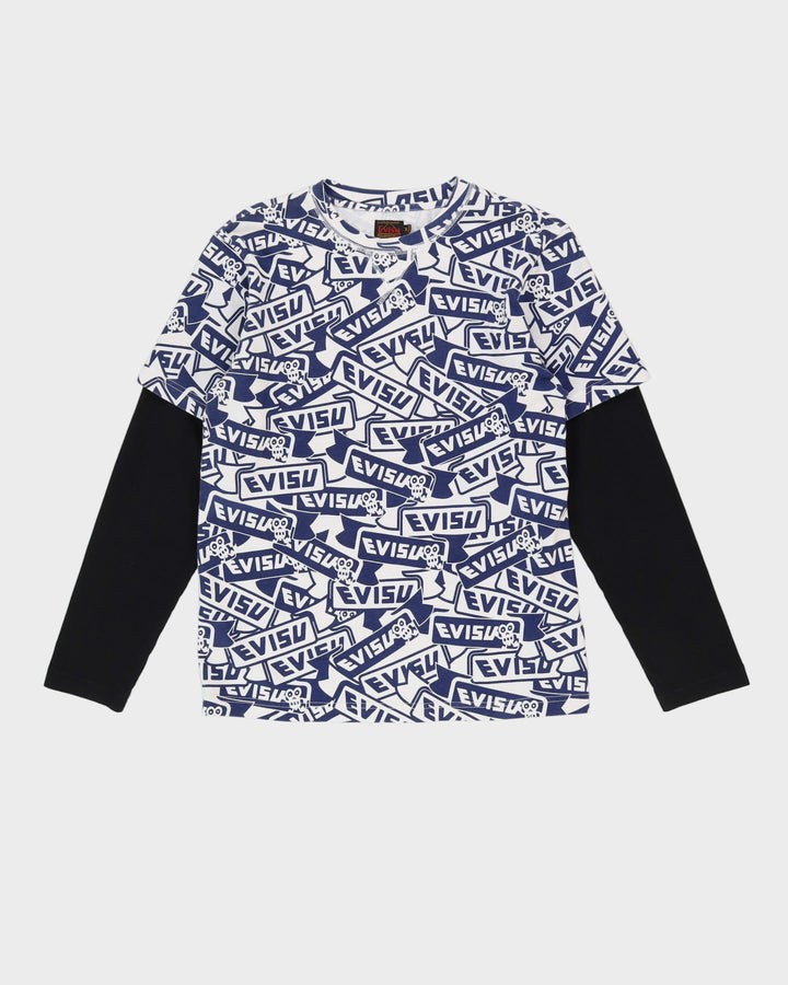 00s Y2K Evisu Blue All Over Print Long Sleeve T-Shirt - M