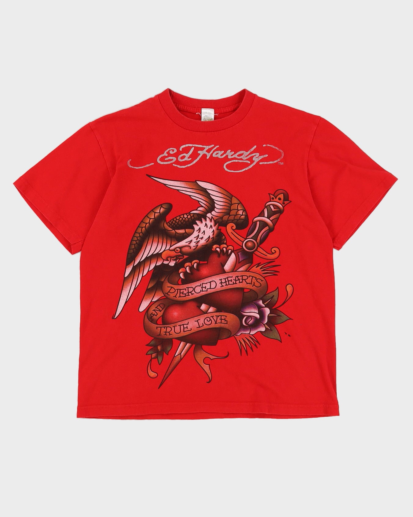 00s Y2K Ed Hardy Red T-Shirt With Graphic - M
