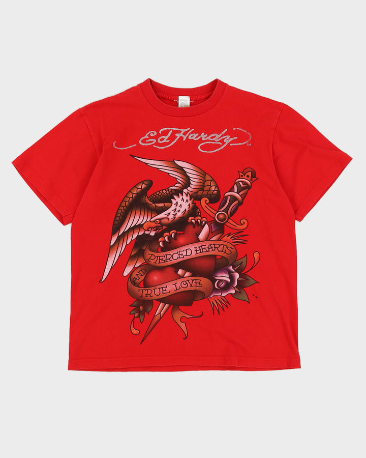 00s Y2K Ed Hardy Red T-Shirt With Graphic - M