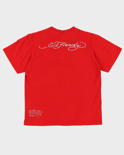 00s Y2K Ed Hardy Red T-Shirt With Graphic - M