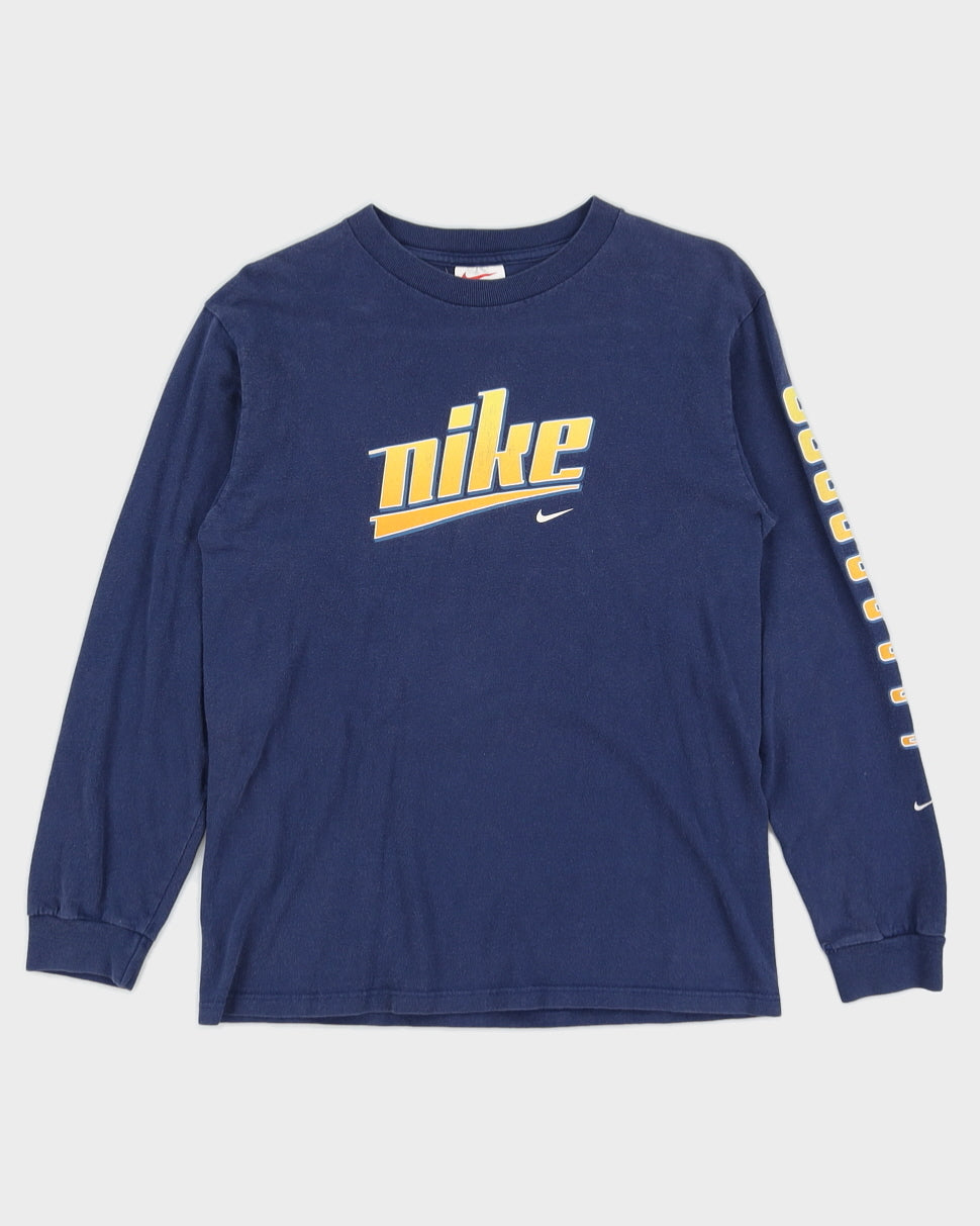 Vintage 90s Nike Big Logo Blue Long Sleeved T-Shirt - S