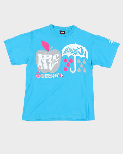 00s Stussy Blue T-Shirt With Graphic - M