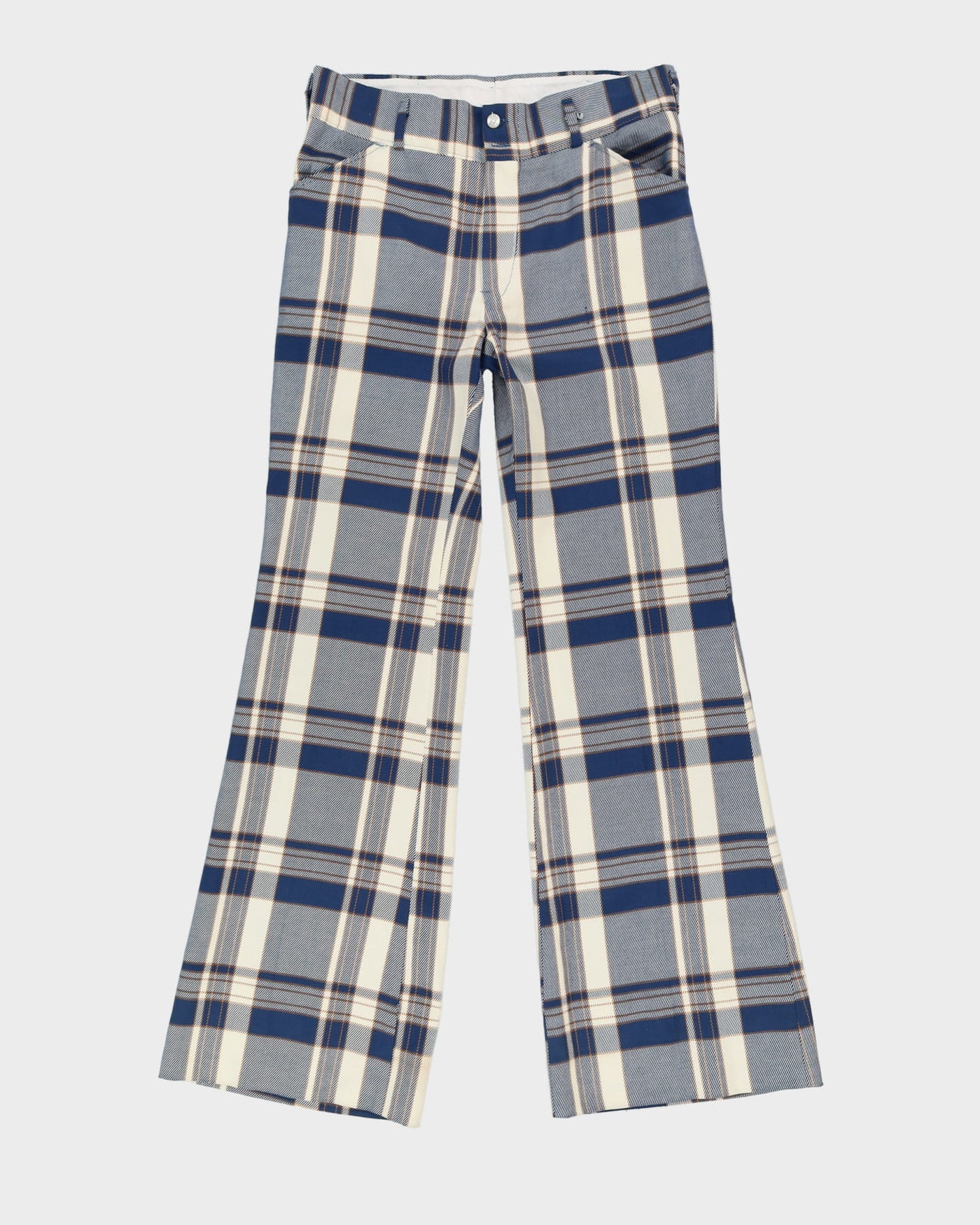 Vintage Blue Check Patterned Flared Trousers - W34 L34