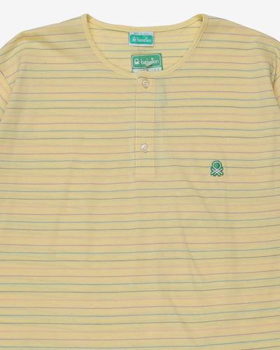 Benetton deadstock stripy button neck t-shirt - M