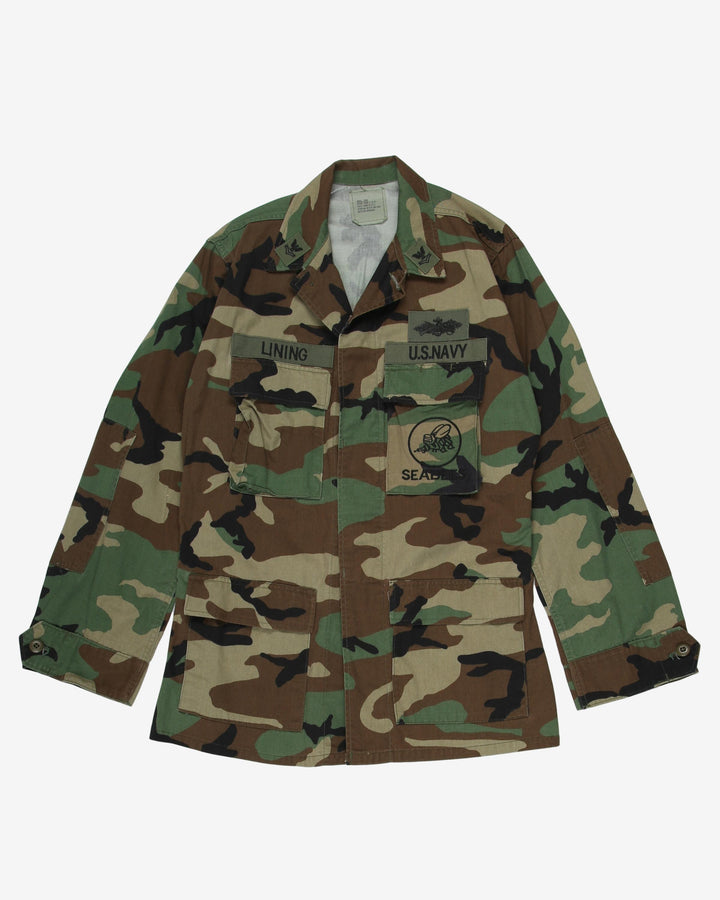 1999 Vintage US Navy Seabees Patched M81 Woodland Camouflage BDU Coat - Medium