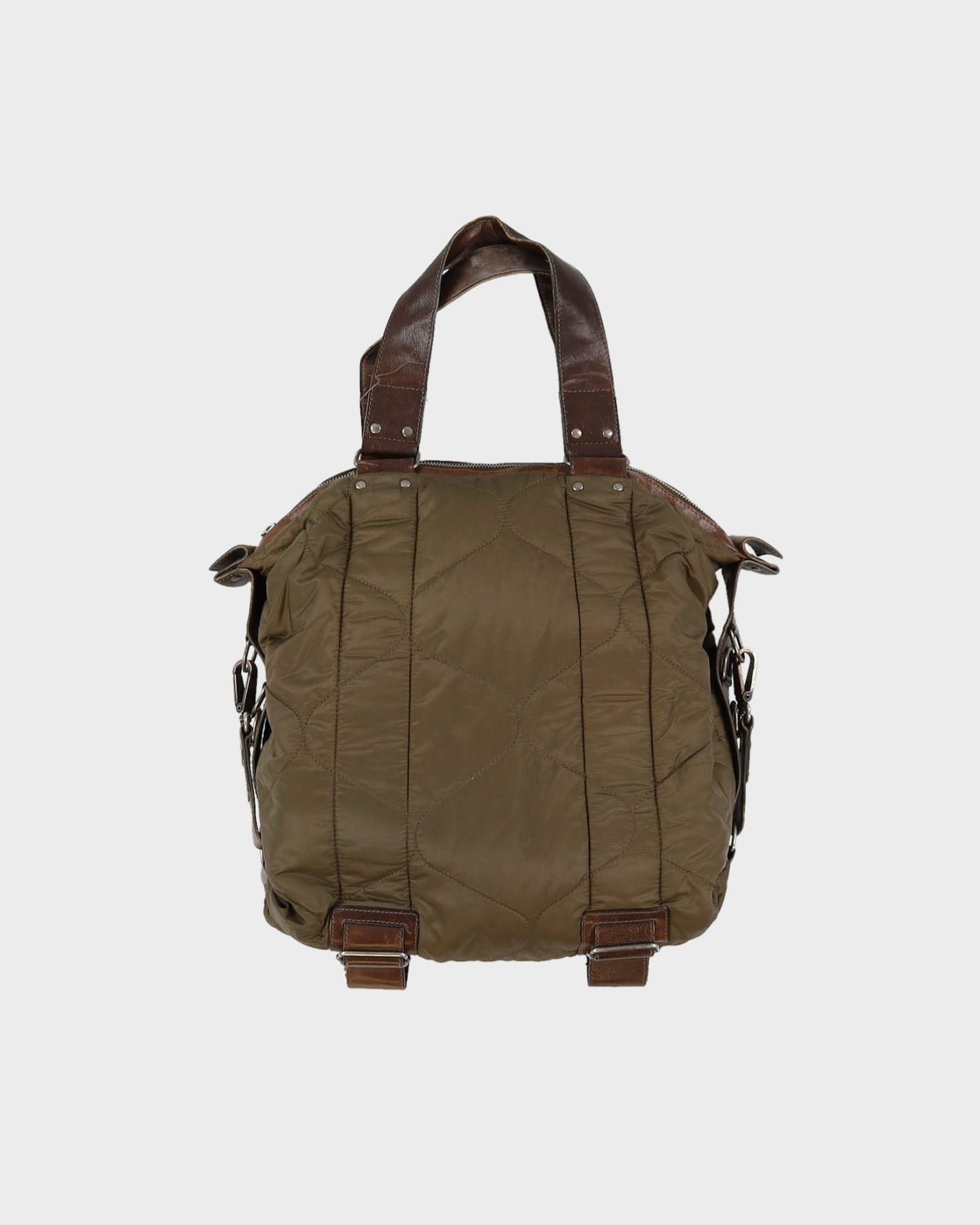 Dries Van Noten Green Quilted With Brown Leather Tote Bag - One Size