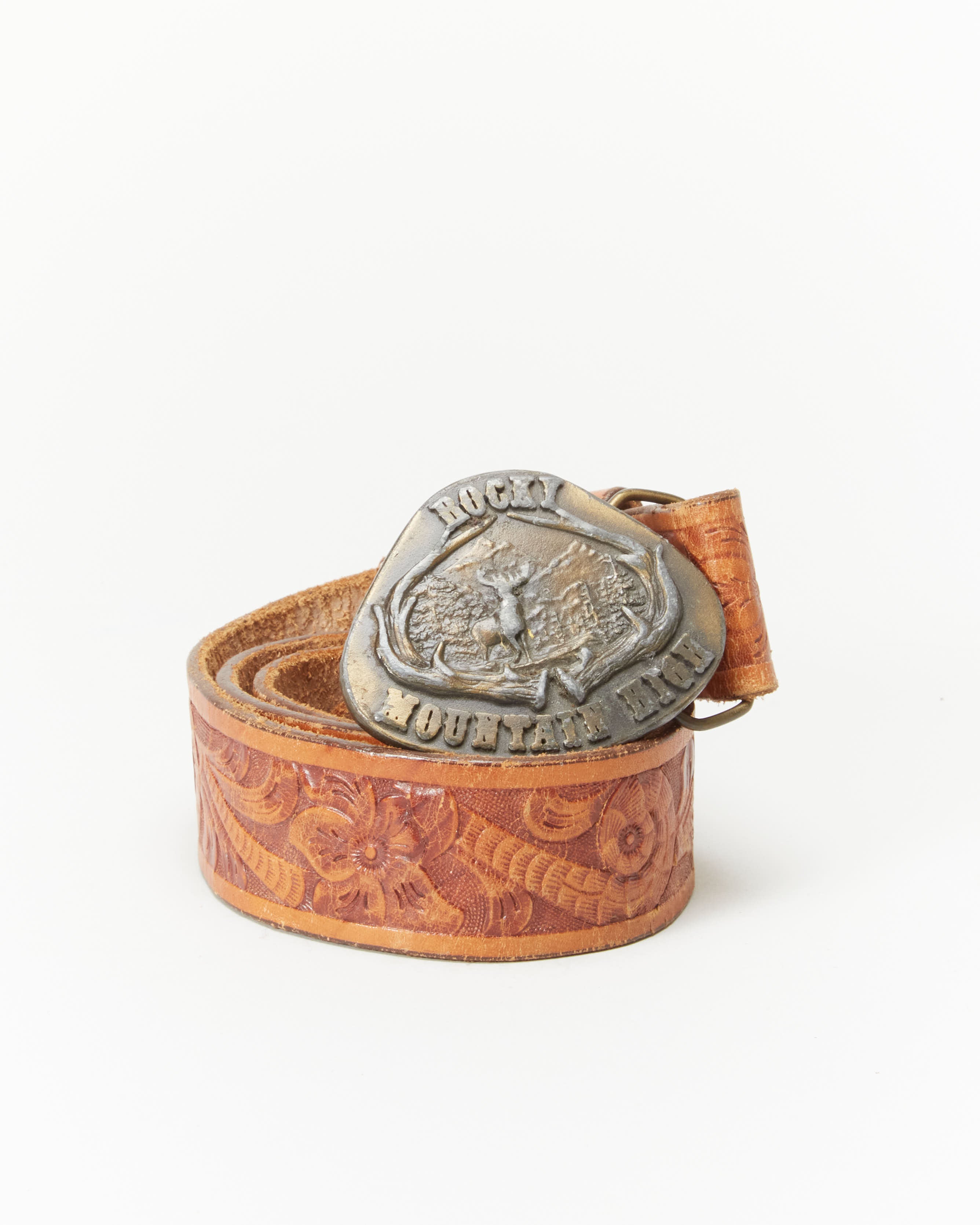 1970s Tooled Leather Rocky Mountain Buckle Belt - W24 W29