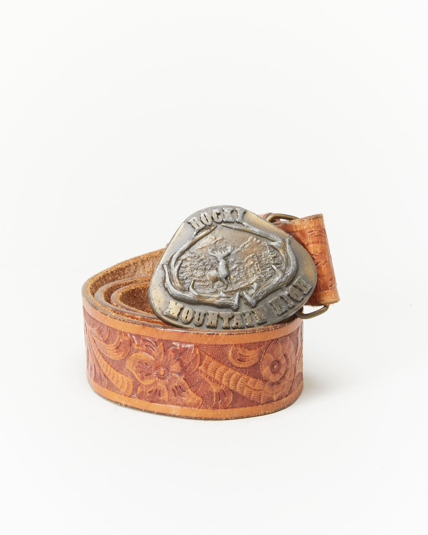 1970s Tooled Leather Rocky Mountain Buckle Belt - W24 W29