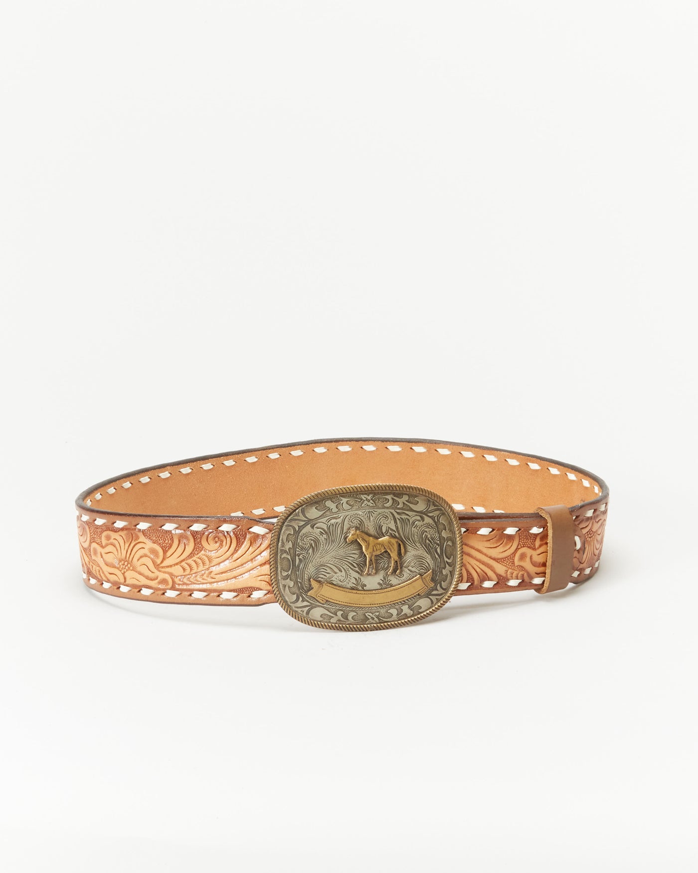 1970s Tooled Leather Horse Buckle Belt - W29 W32