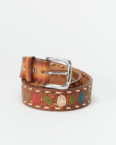 Vintage Tooled Brown Leather Belt - W31 W35
