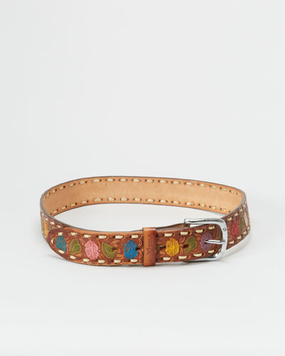Vintage Tooled Brown Leather Belt - W31 W35