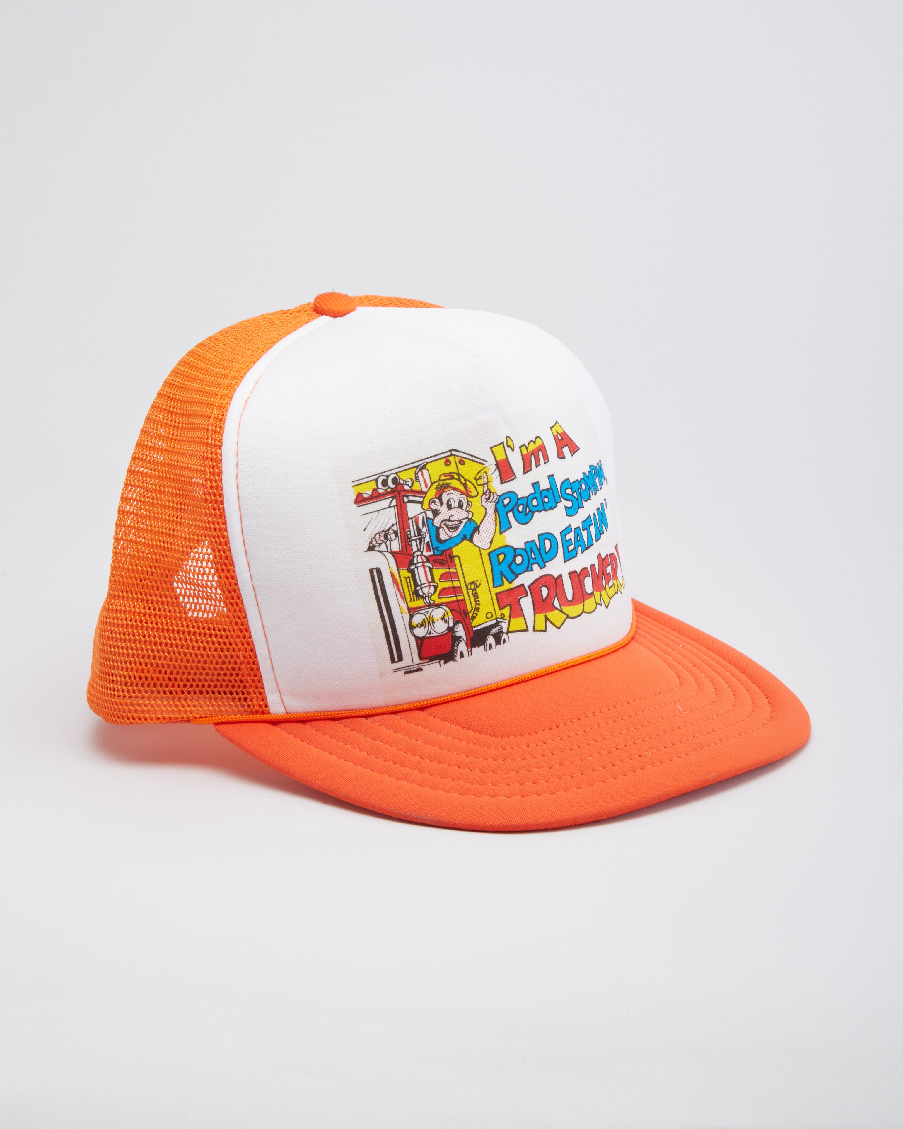 Vintage 80s I'm A Pedal Stompin Road Eatin' Trucker Slogan Orange / White Snapback Trucker Hat