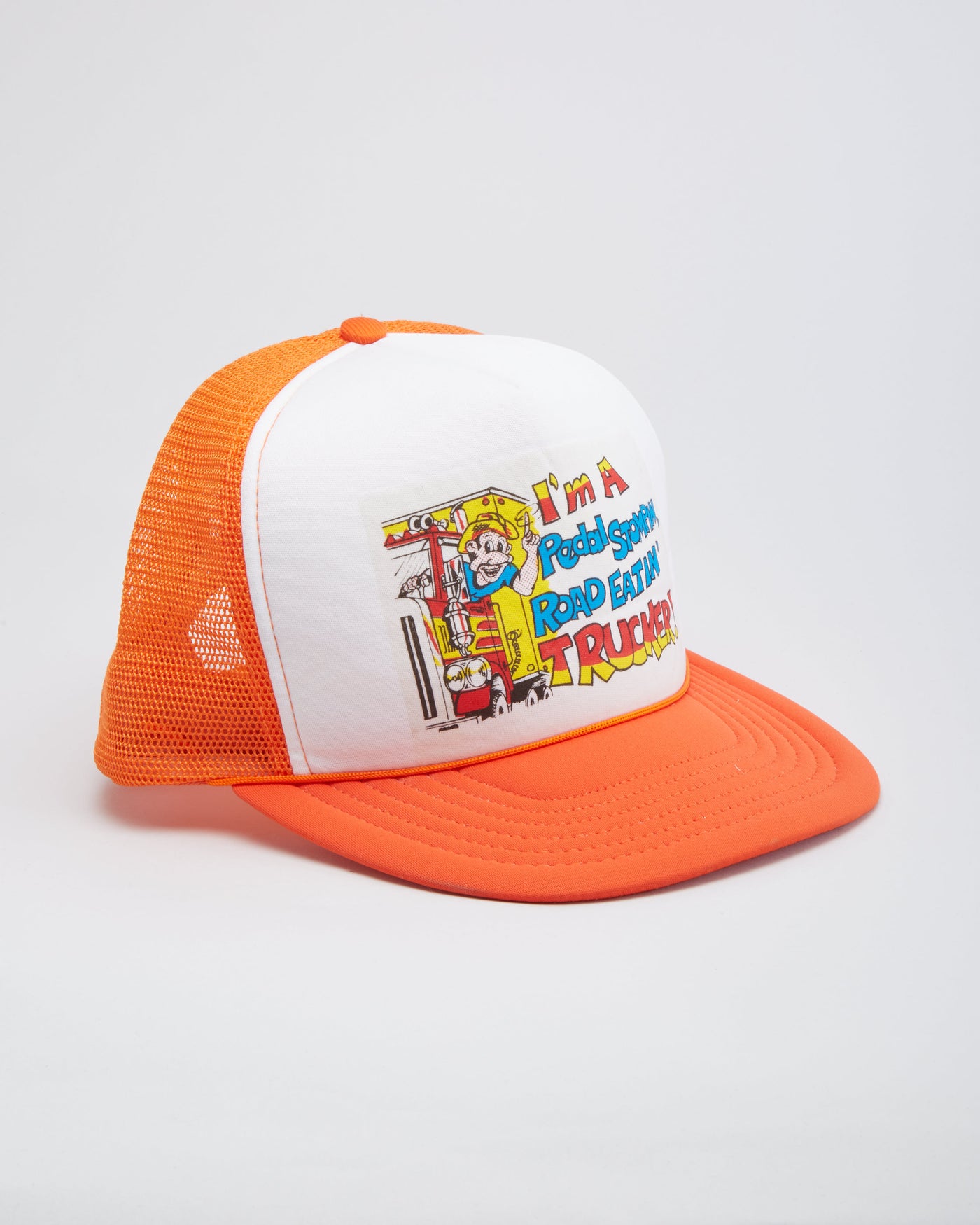 Vintage 80s I'm A Pedal Stompin Road Eatin' Trucker Slogan Orange / White Snapback Trucker Hat