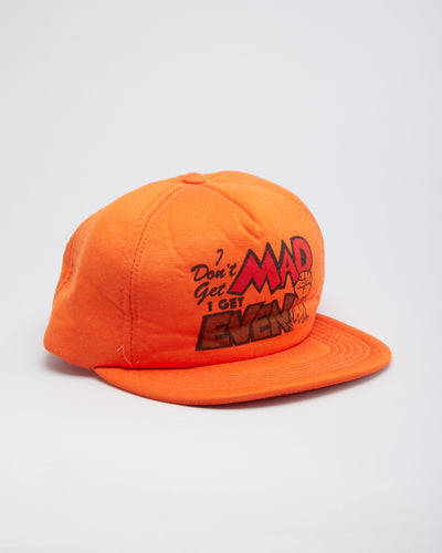 Vintage 80s I Don't Get Mad I Get Even Slogan Orange / White Snapback Trucker Hat