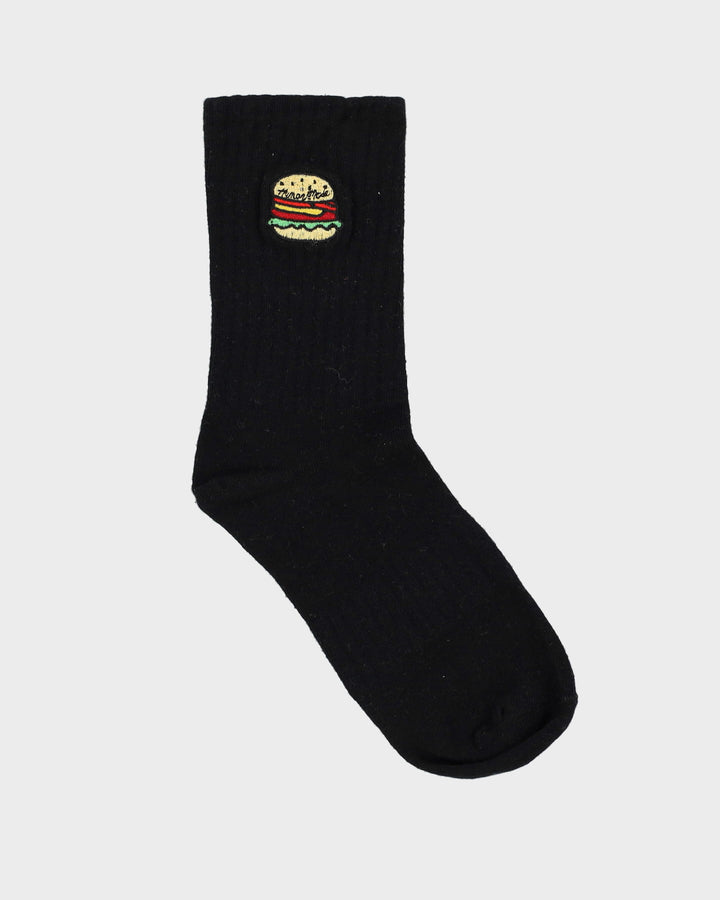 Burger Embroidered Black Socks