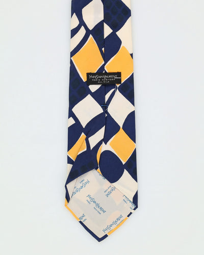 80s Yves Saint Laurent White / Blue / Yellow Patterned Tie