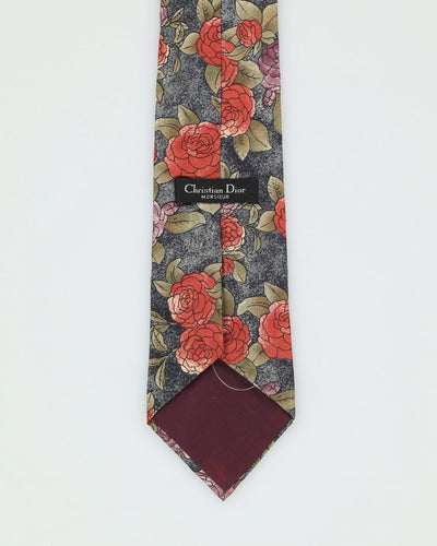 00s Christian Dior Green Floral Patterned Tie