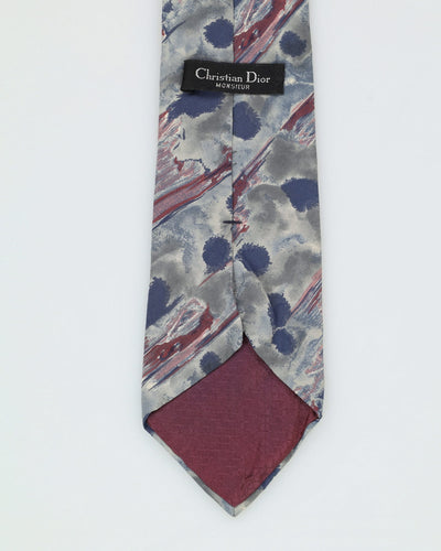 90s Christian Dior Silk Blue / Dark Grey / Green Patterned Tie