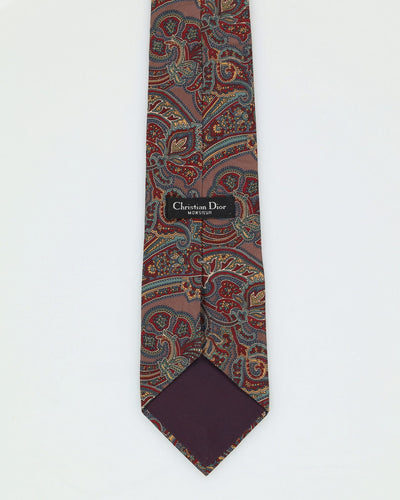 90s Christian Dior Dark Brown Paisley Patterned Tie