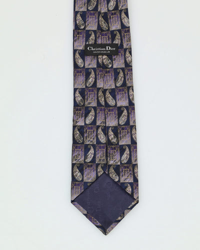 90s Christian Dior Silk Purple / Navy Paisley Patterned Tie