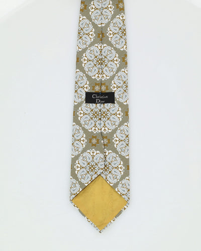 90s Christian Dior White / Green / Gold Patterned Tie