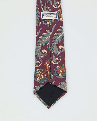 90s Silk Yves Saint Laurent Purple Floral Patterned Tie