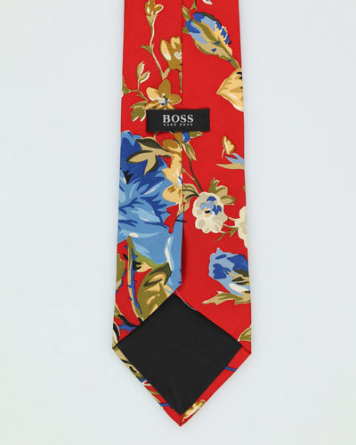 Hugo Boss Red / Blue Floral Silk Patterned Tie