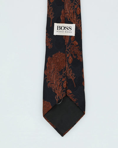 80s Hugo Boss Black / Brown Floral Patterned Tie