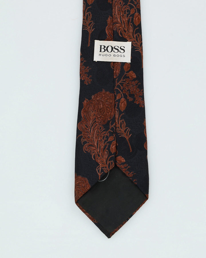 80s Hugo Boss Black / Brown Floral Patterned Tie