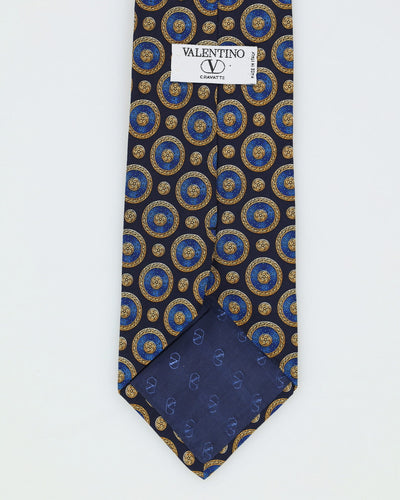 80s Valentino Black / Blue / Gold Patterned Silk Tie