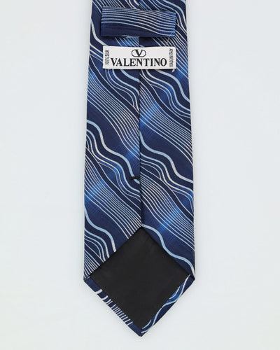 90s Valentino Blue Wave Patterned Silk Tie