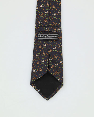90s Salvatore Ferragamo Navy / Green Patterned Silk Tie