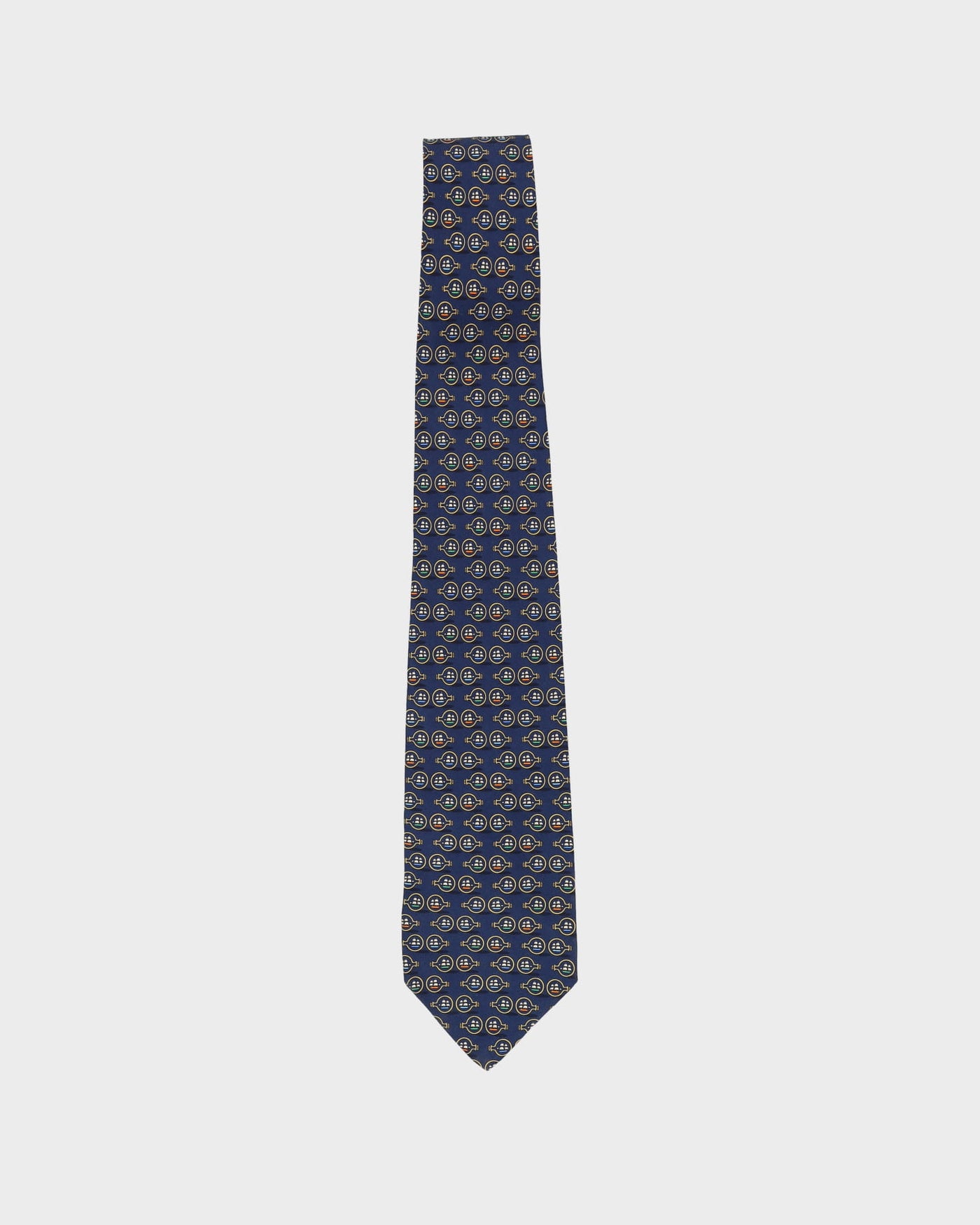 90s Salvatore Ferragamo Navy / Green Patterned Silk Tie