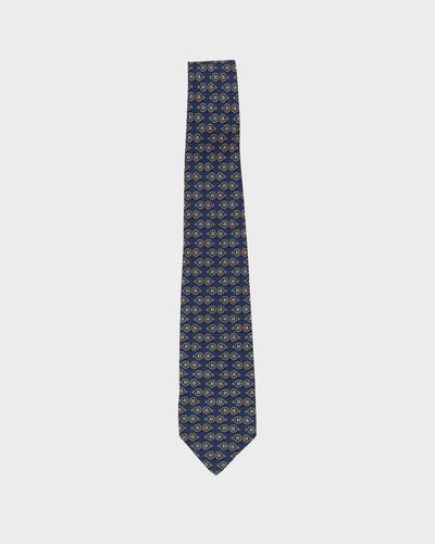 90s Salvatore Ferragamo Navy / Green Patterned Silk Tie