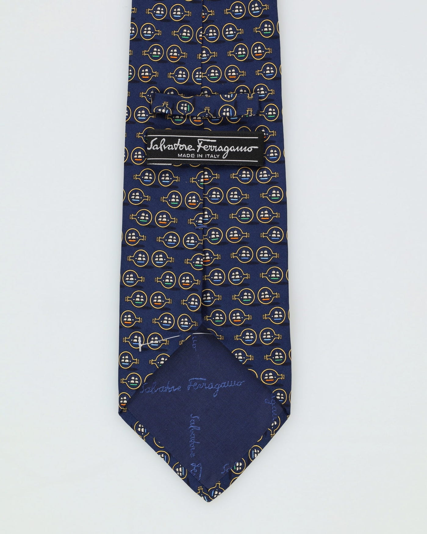 90s Salvatore Ferragamo Navy / Green Patterned Silk Tie