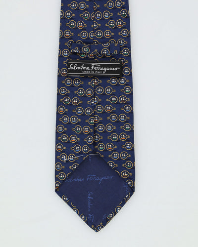 90s Salvatore Ferragamo Navy / Green Patterned Silk Tie