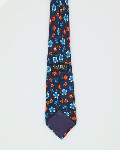 90s Nina Ricci Navy Floral Patterned Tie