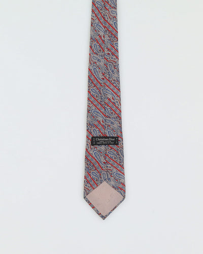 Vintage 90s Christian Dior Silver / Red Paisley Patterned Tie