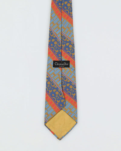 Vintage 90s Christian Dior Blue / Orange Patterned Tie